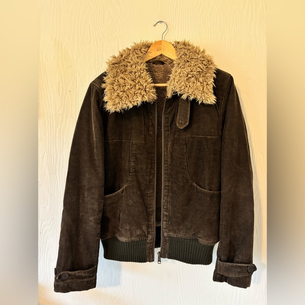 Vintage Brown Corduroy Fleece Lined with Tan Sherpa Collar Zip Up Bomber Jacket - Picture 5 of 10